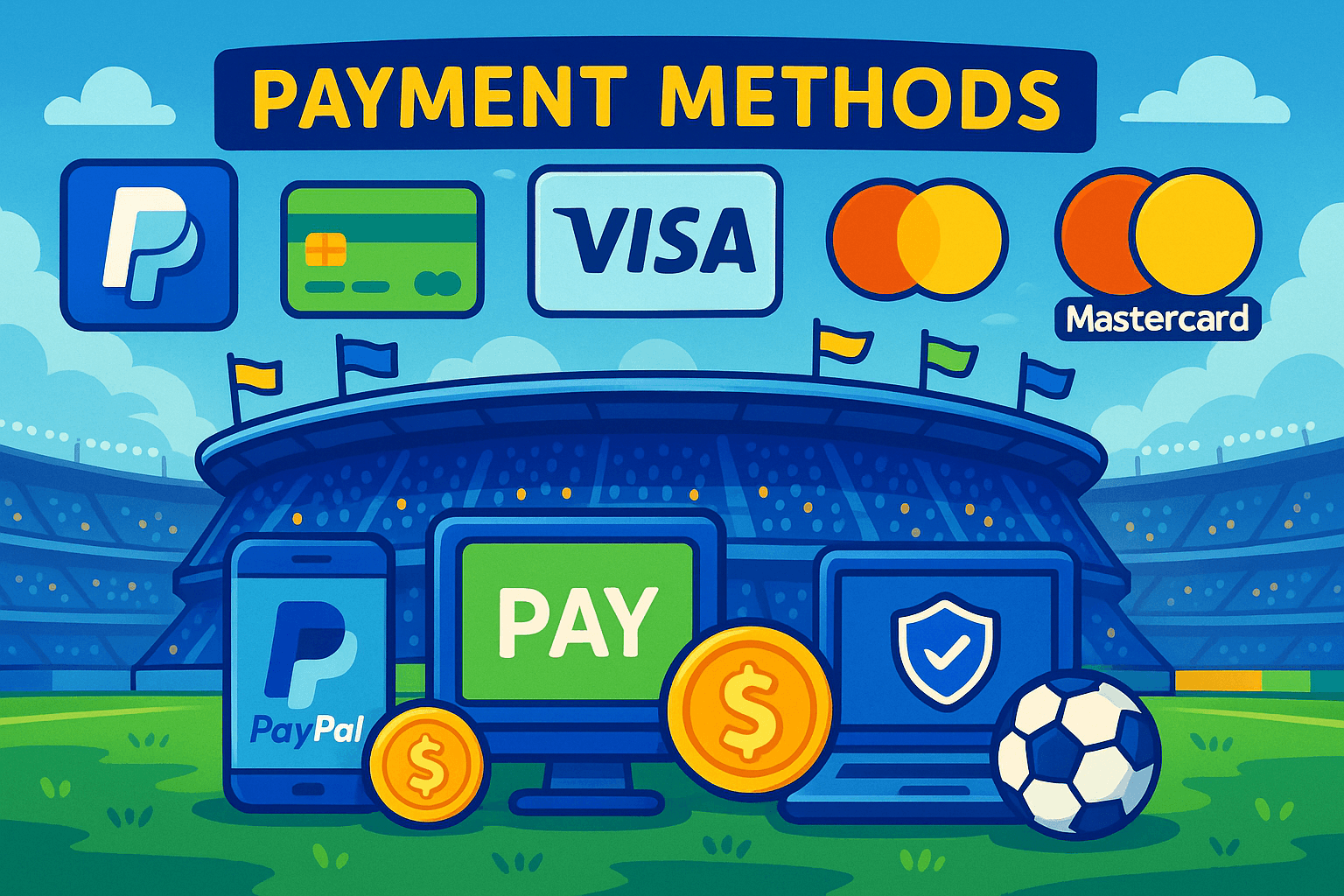 different payment methods on the football stadium background
